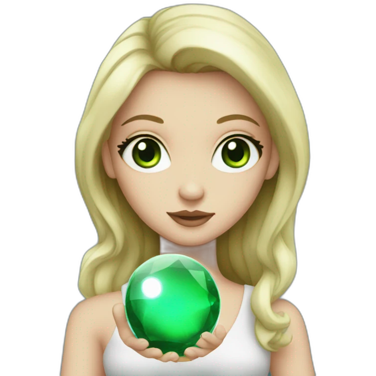 white girl with green eyes, holding a crystal ball emoji