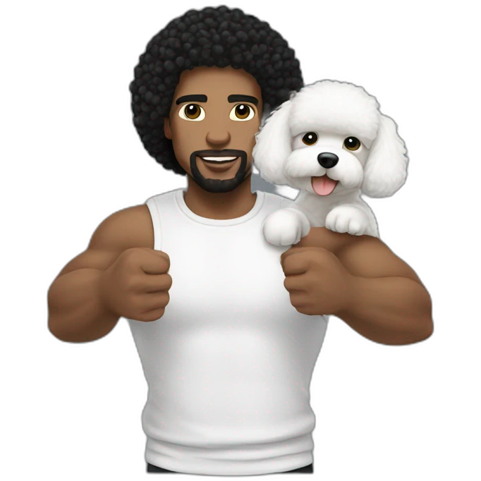 white man black hair,  rapper flexing with a bichon emoji