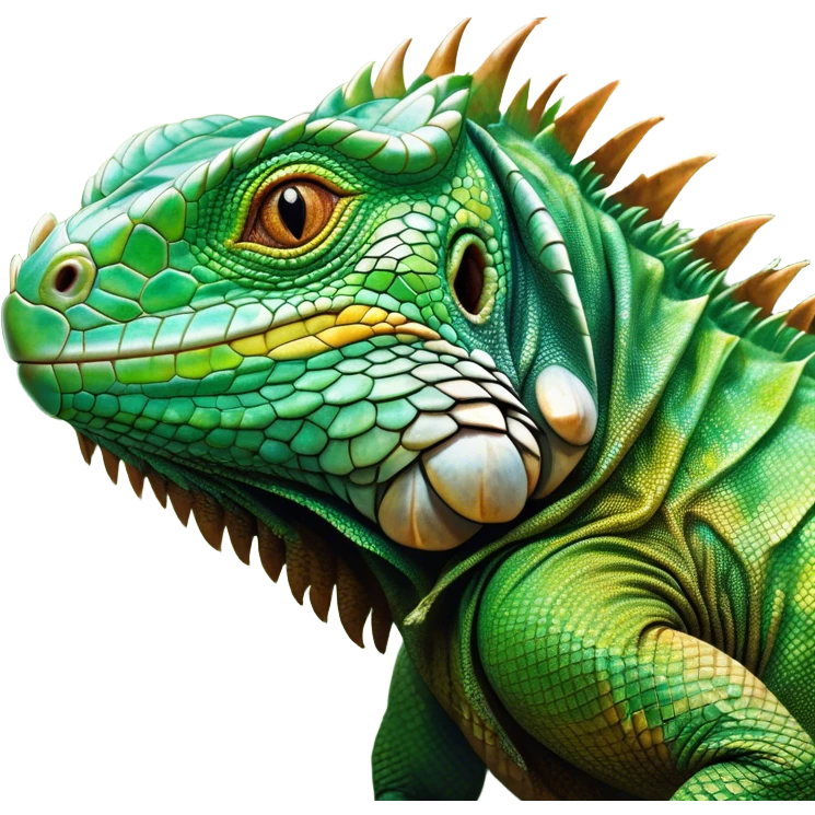 Cinematic Realistic Noble Iguana Portrait Emoji, Poised and commanding, with a robust, elongated body covered in intricately detailed, rough scales in vibrant shades of green with earthy brown accents, and a sharply defined head with piercing amber eyes, rendered with lifelike texture and natural light that accentuates every scale, high shine, intelligent and formidable, styled with an air of tropical authority, focused and attentive, soft glowing outline, capturing the essence of a watchful and confident iguana that appears ready to bask in the sun with effortless grace! emoji