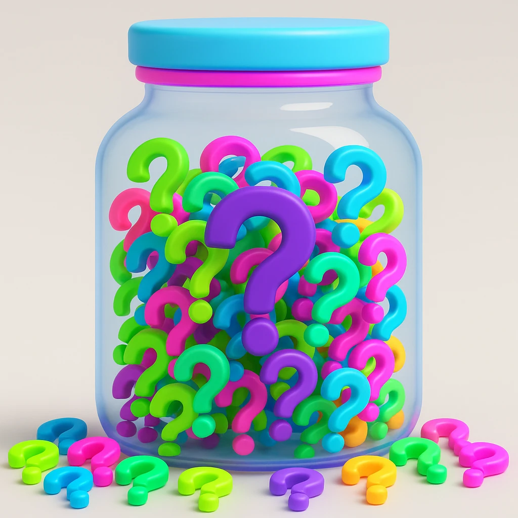 Make the jar shape a different style and make the question marks inside neon colored, keep 3D emoji style emoji