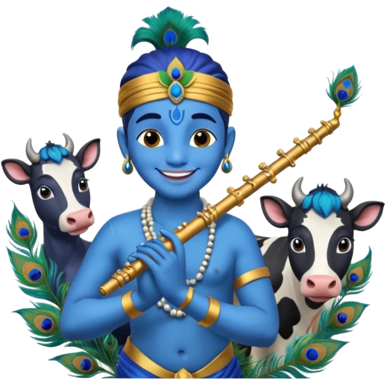 Krishna playing flute surrounded by cows, blue skin, peacock feather emoji