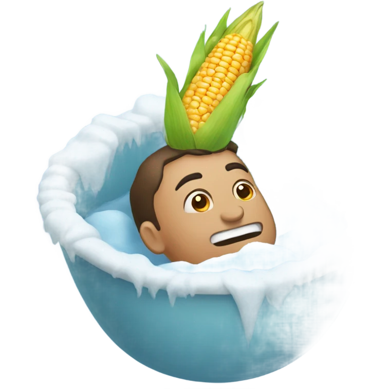 Man in ice bath with corn on his head emoji