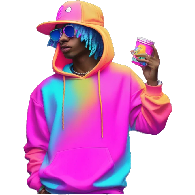 Multicoloured neon Vaporwave person smoking wearing hoodie dancing hip hop bucket hat tropical Skater fashion aesthetic baggy clothes graphic t shirt 420 emoji