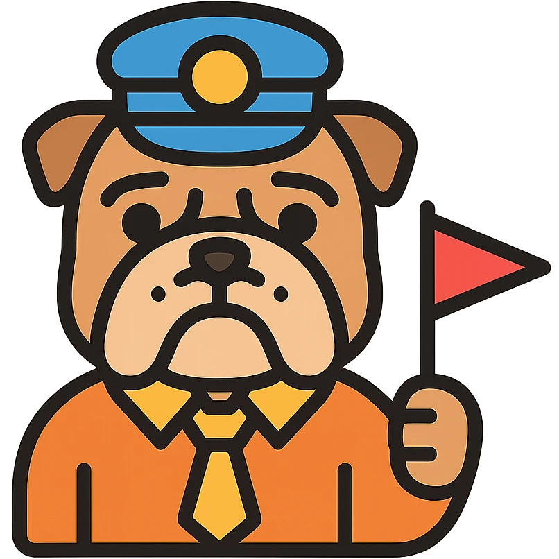 English bulldog as a tour guide, wearing a guide hat and holding a small flag, clean modern icon style emoji