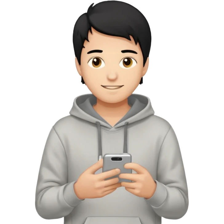 young man with black hair, wearing a light gray hoodie, holding a smartphone, neutral expression, iPhone iOS style emoji emoji