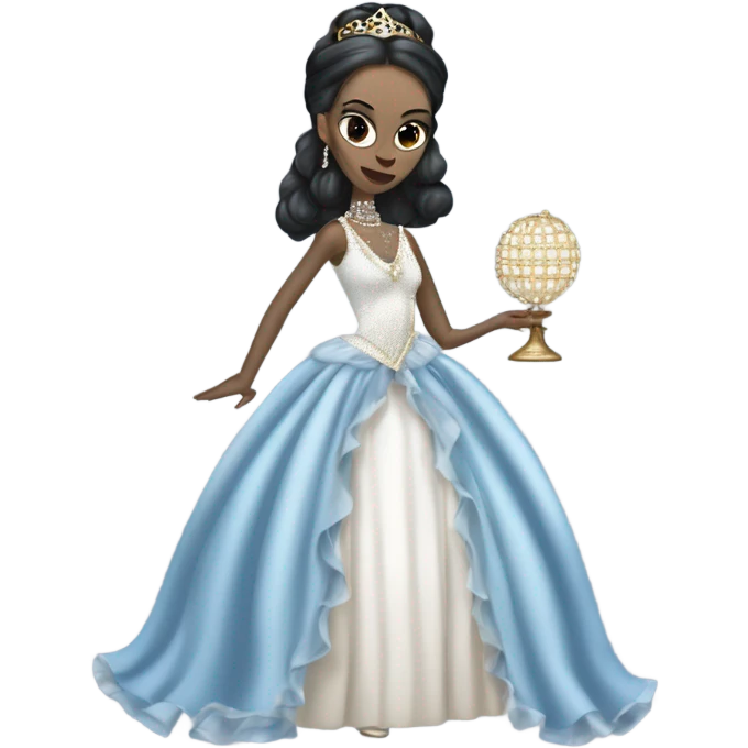 Tall realistic face teen Morticia Addams in as Princess Leia in ruffled pearl-white and blue ballet ball gown with gold accents and accessories  emoji