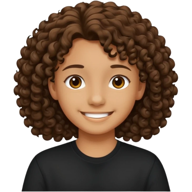Un adolecente con camisa negra, pelo rizado medio largo y de color canela sonriendo emoji