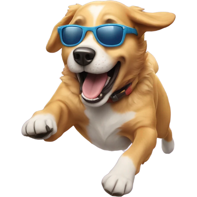 Really happy dog mid jump with sunglasses emoji
