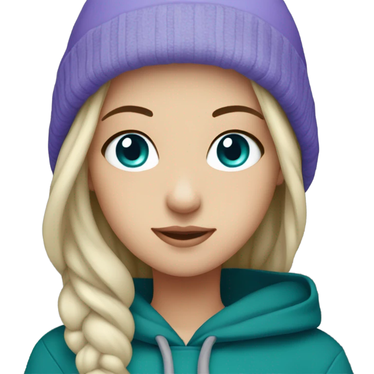 White girl, blue eyes, long teal hair, purple beanie hat, black hoodie emoji