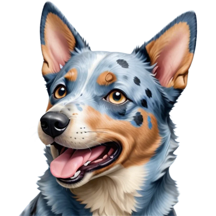 Cinematic Cute Yawning Blue Speckle Australian Cattle Dog Portrait Emoji, Head tilted slightly with a dramatic, wide-open yawn, showcasing a sleek blue speckle Fur with distinct markings, floppy ears slightly drooping, round blue eyes barely open in drowsy contentment, Simplified yet irresistibly adorable features, highly detailed, glowing with a soft, cozy glow, high shine, relaxed yet expressive, stylized with a touch of whimsy, bright and endearing, soft glowing outline, capturing the essence of a sleepy yet affectionate herder, so drowsy it feels like it could stretch out of the screen and curl up for a nap! emoji