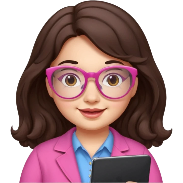 chubby English teacher cute girl face cheerful wavy long dark brown hair pink glasses classroom background for online classes emoji
