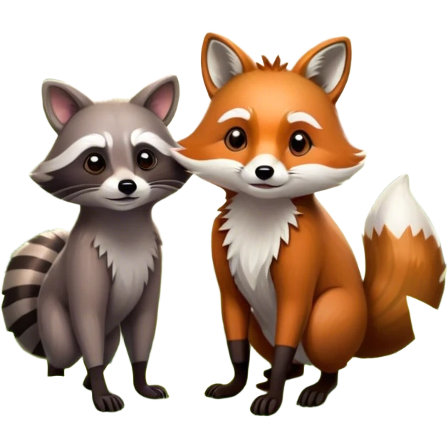 Collage of a raccoon and a fox, in close-up, set in a beautiful forest with tall trees, green bushes, and sunlight filtering through the leaves. Both animals look curious and playful. A vibrant, wild atmosphere with a transparent background. emoji