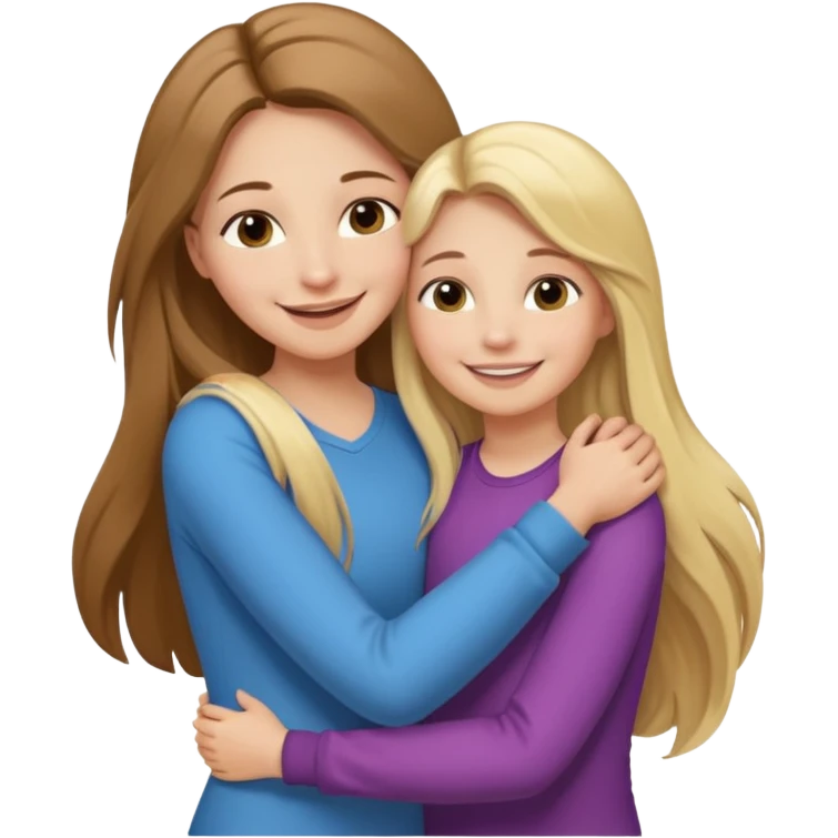 A beautiful mother with long brown hair hugging her cute 12yr old blonde hair daughter super happy emoji