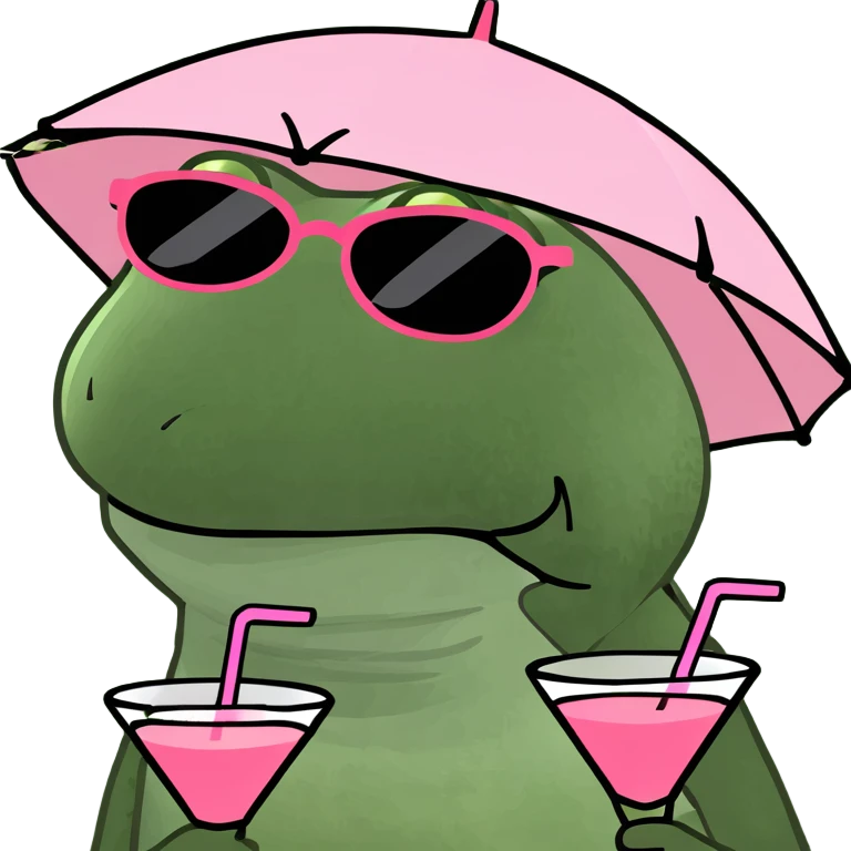 Make this frog look even more like the classic Bufo meme: green, wide-eyed, with the signature Bufo face, wearing an umbrella hat, sunglasses, and holding a pink cocktail, in bufo style, no background. emoji
