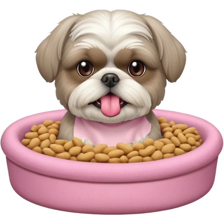 old ALL grey shih tzu in pink dog bed tongue hanging out with a bowl of food emoji