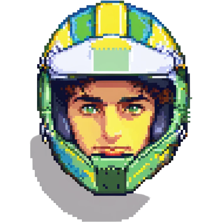 Ayrton Senna, Formula One driver, portrait, pixel art style, racing helmet, iconic yellow, green, and blue colors, retro video game look emoji