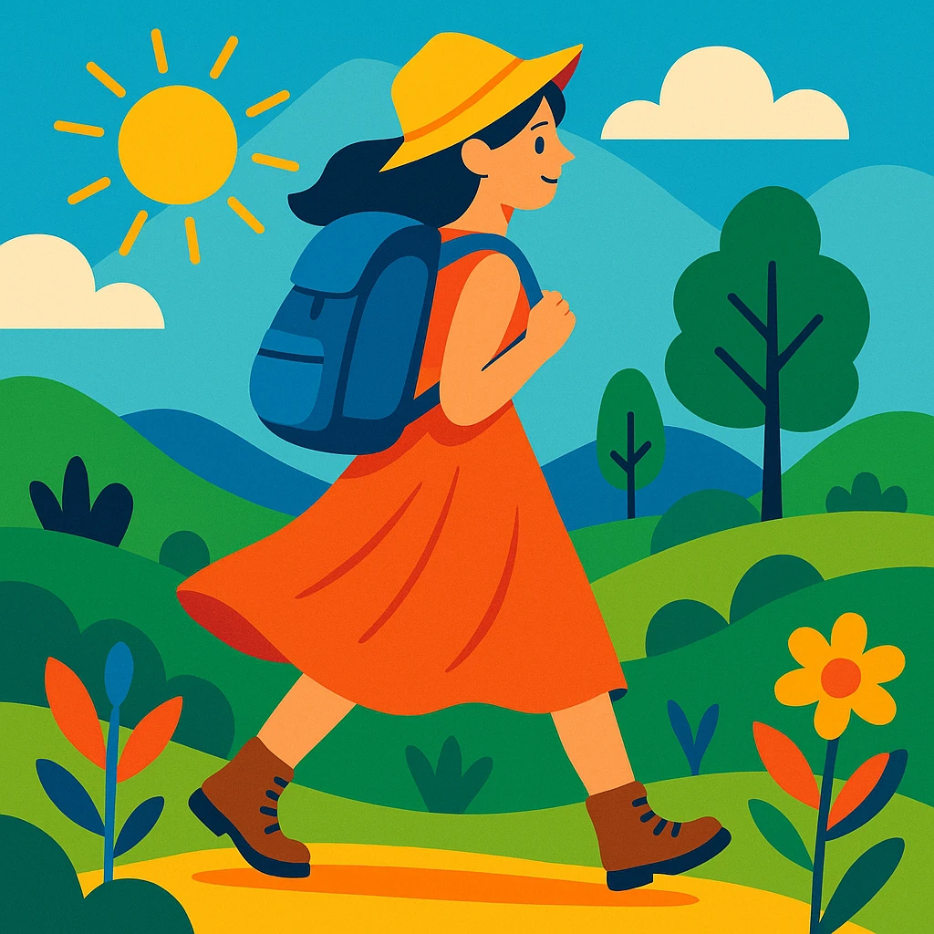 girl with a backpack hiking in a flowy dress, nature setting, sunny day emoji