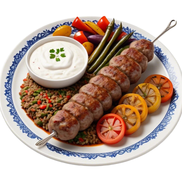 Cinematic Realistic image of a long, hand shaped Turkish Köfte, rendered with richly spiced meat textures and subtle grill marks, artfully arranged on a traditional Turkish ceramic plate alongside classic sides such as a serving of aromatic pilaf, crisp grilled vegetables, and a dollop of creamy yogurt, all bathed in warm, appetizing lighting that emphasizes its savory allure. emoji