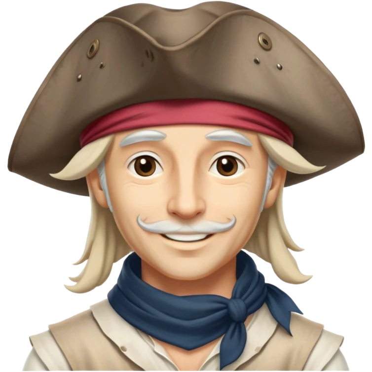 Clash of Clans aesthetic: Beautiful and Majestic Pirate Portrait Emoji, Rendered in serene confidence with a gentle, enigmatic smile and a regal tricorn hat, showcasing a distinguished, weathered build with a timeless bandana and soft, wise eyes in natural skin tone, Simplified yet exquisitely endearing features, highly detailed, glowing with a soft, drowsy maritime light, high shine, calm and heroic, stylized with an air of legendary seafaring elegance, soft glowing outline, capturing the essence of a majestic pirate whose noble spirit inspires epic adventures! emoji