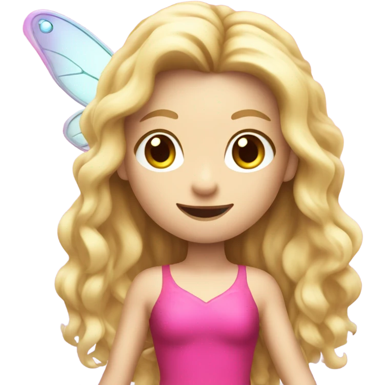 A small fairy flying with long blond hair pale skin a hot pink dress and a wand   emoji