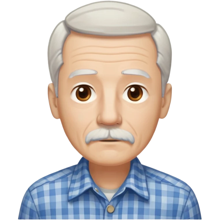 Thin elderly man with light skin. Elongated face with kind expression. Light brown eyes. Thin eyebrows. White goatee and white mustache. Fine straight gray-white hair combed back with some bangs falling on forehead. Slim build. Wearing a blue and beige checkered button-up shirt. emoji