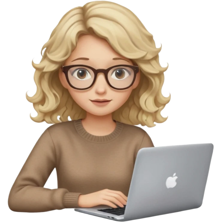 blonde girl with dark blonde wavy hair, pantos-style glasses, a brown sweater, sitting with a laptop, soft pastel colors, upper body shot emoji