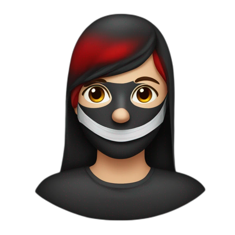 une personne avec des habis noir avec un masque de couleur noir avec des yeux rouges qui recouvre son visage emoji