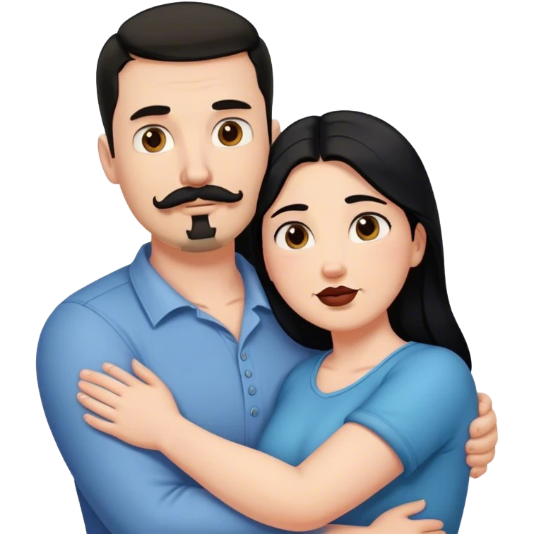 Tall strong white man with dark brown mustache goatee hugging a chubby short pale woman with long black hair emoji