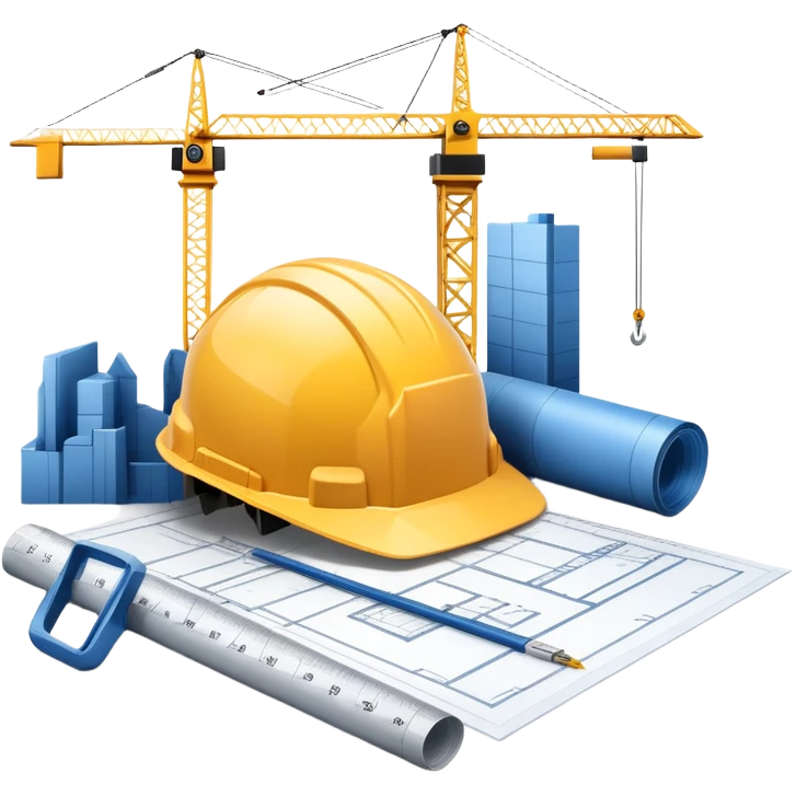 An icon featuring a blueprint, a hard hat, and a measuring tape, symbolizing architecture and construction. The design includes a building silhouette, cranes, and construction tools, representing the planning, design, and building processes. Transparent background. emoji
