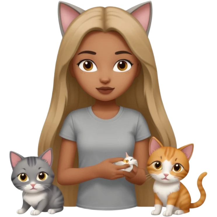 a pretty bratz dusky girl with long straight hair playing with 2 cats nd wearing a grey tshirt emoji