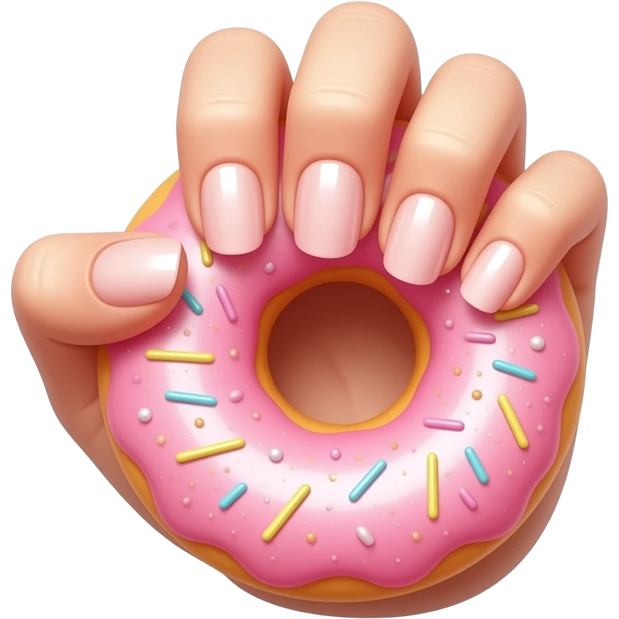 A cute emoji of a feminine hand with glazed donut nails in pearl pink, a highlighter shimmer on the back of the hand, golden sparkle particles floating around the fingers, beauty lifestyle aesthetic emoji