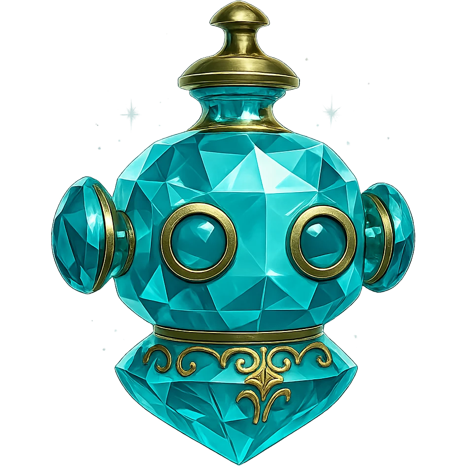very luxurious crystal elixir bottle in the shape of a cute robot head, cyan color, lots of glowing, facets, ornaments, golden details, magical effects, very small almost invisible neck, transparent background, beautiful merging bottom, clearly floating in the air, no base or shadow, premium class, friendly, playful, matching the collection emoji
