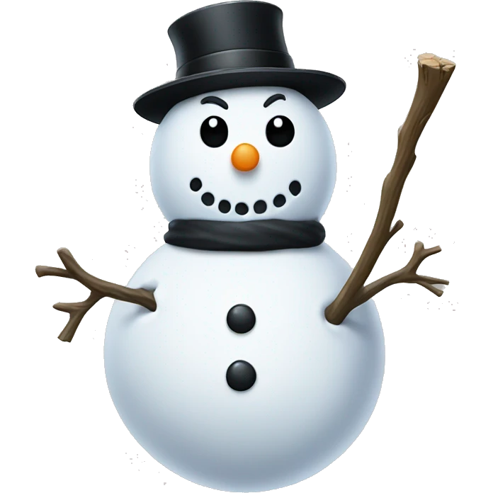 Snowman with a black hat rocks for eyes and a stick sticking out of the second snowball emoji