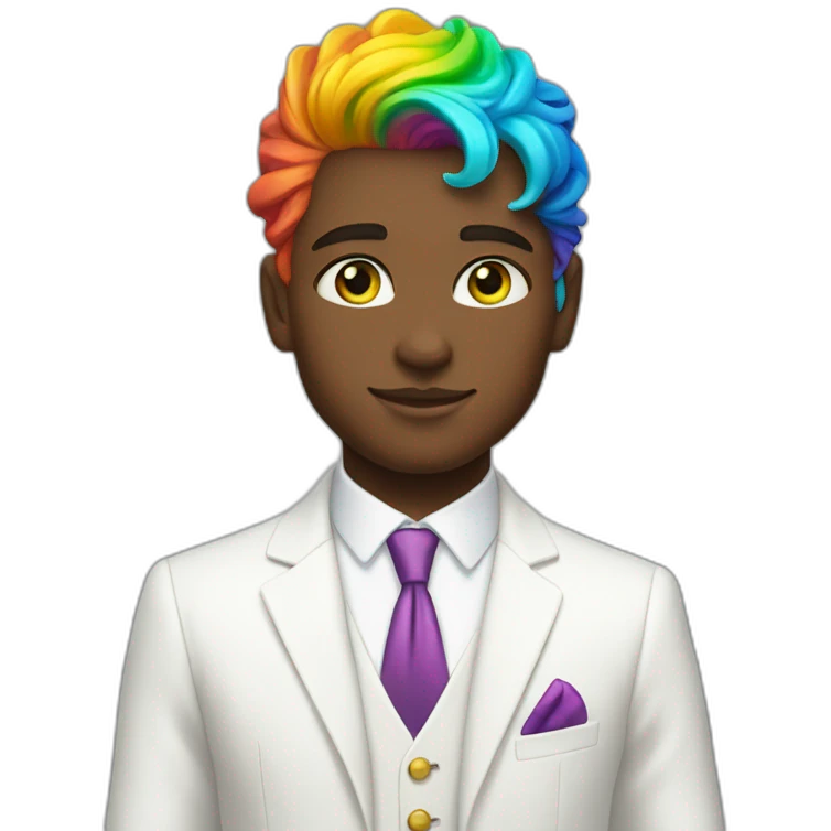 Posh-boy-with-white-suit-and-green-eyes-and-rainbow-unicorn-hair emoji
