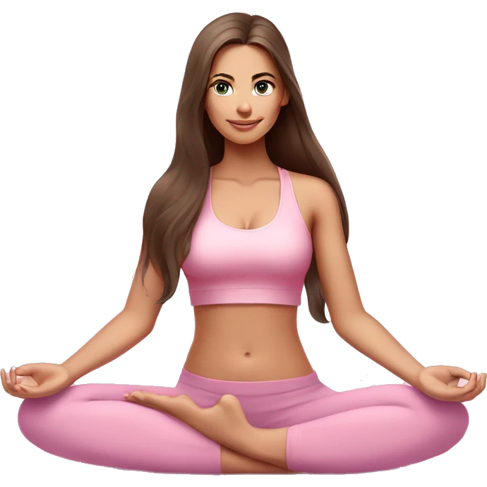 Brunette long hair and blue eyes yoga beautiful girl in light pink pink pink clothes sitting on a yoga mat emoji
