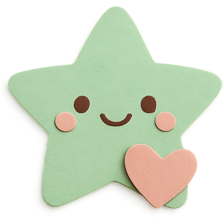 A happy pastel green star with a tiny pastel heart in front, no arms or legs, full body, transparent background, in kawaii paper craft style. emoji