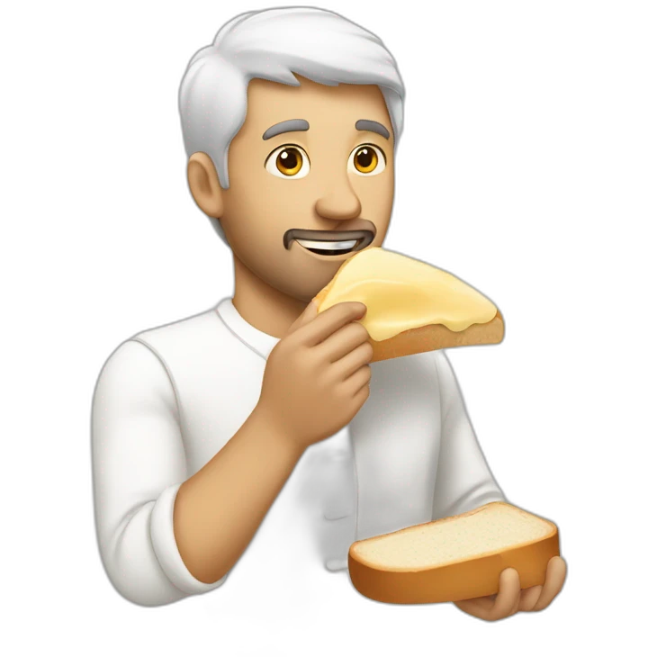 a man eating a slice of bread with a white sauce emoji