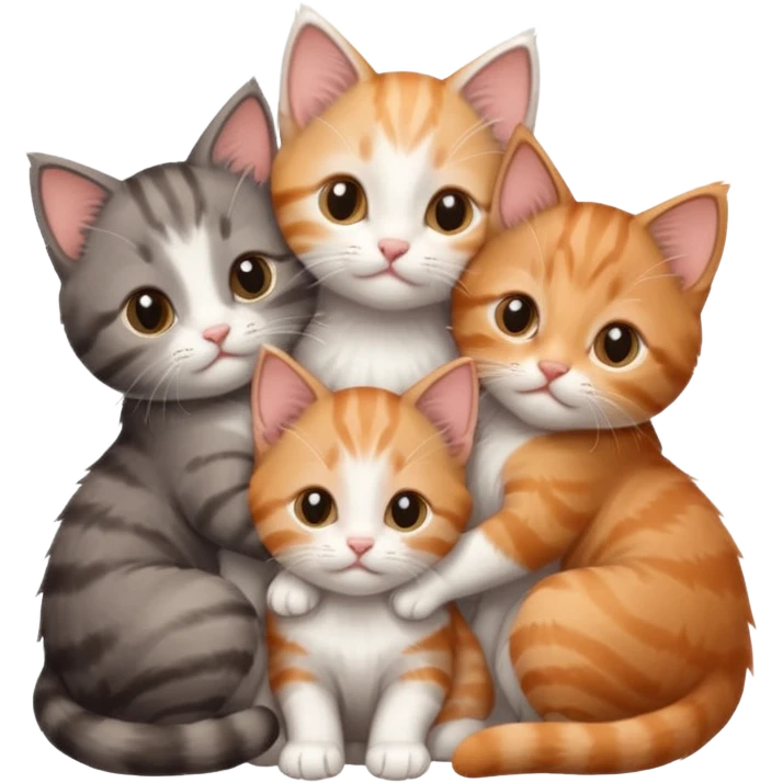 6 tiny kittens cuddling together all different colours, the first one is grey and white, the second is ginger and white and the third is brown tabby and white emoji