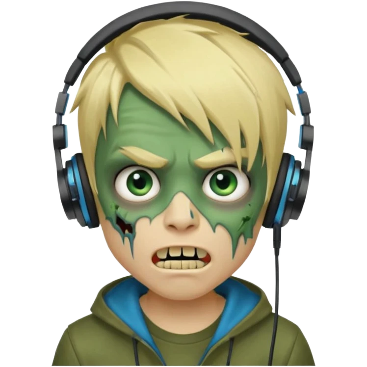 boy zombie whit blonde emo hair and eyes blue and GREEN SKIN and heandphones AND A MICROFONE AND GOLD TEETH and agesive face emoji