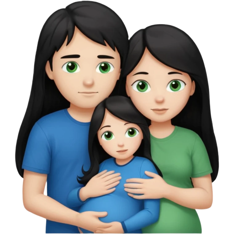 Make a couple emoji they are 18. The girl has long black hair and blue eyes and is hugging a pregnant boy with brown hair and green eyes they are both wearing the same colour top.  emoji