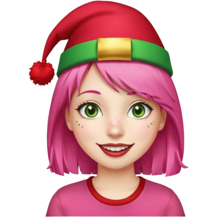 Create a girl with pink hair and green eyes with long eyelashes and a smiley face. She has freckles in her face and a lit of bit of lipstick on her mouth, she’s also got gold birthday hat on her head with gold pom poms on top of it, and her T-shirt is red emoji
