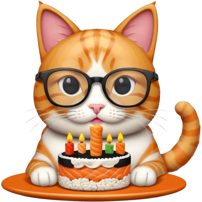 cat with cool square glasses eating a birthday cake made out of sushi emoji