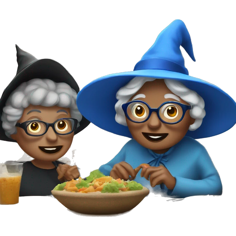 smart granny witch with glasses and blue hat lunching with friends emoji