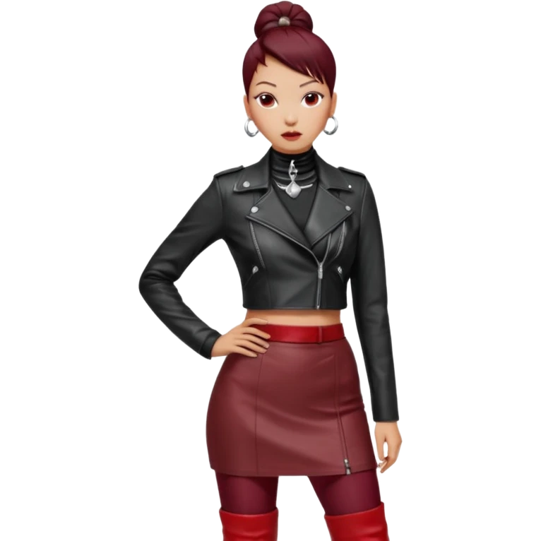 “East Asian woman with a tight sleek bun, no loose strands. Black leather jacket over a black turtleneck, silver Vivienne Westwood-style orb necklace. Red leather mini skirt, burgundy tights, red long boots. Clean, fashion-editorial style.” emoji