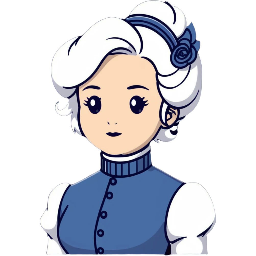 Victorian woman with white coiffed hair, modest turtleneck Victorian dress, and an awestruck expression emoji