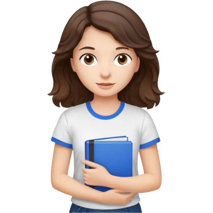 A brunette girl with wavy hair and brown eyes is standing on a beige background holding a blue book. The girl is wearing a white T-shirt. emoji