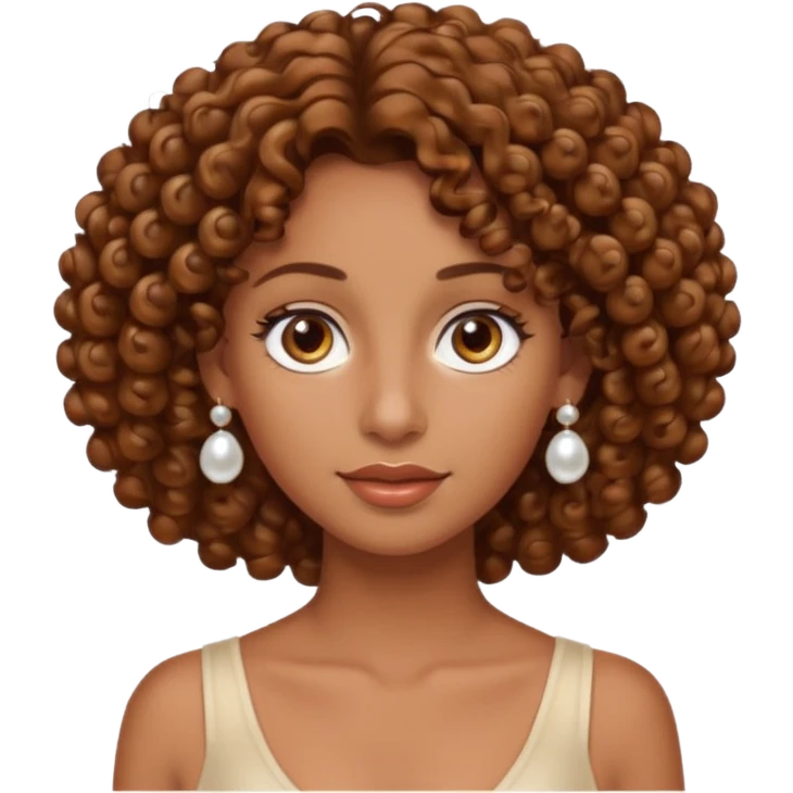 curly hair, tanned skin with tanned lines, light brown eyes, pearls earrings  emoji