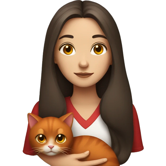 A brunette girl with long hair holds a red cat emoji