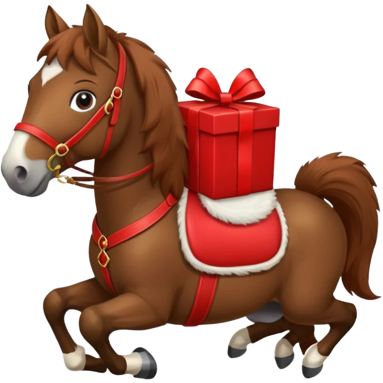 a New Year's horse with a red saddle, which has a red gift box with a white bow on the saddle emoji