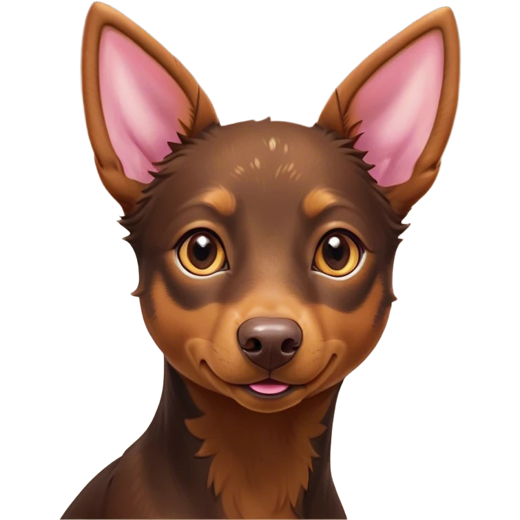 Cinematic Cute Brown and Tan Kelpie Portrait Emoji, Head tilted playfully and inquisitively, featuring a glossy brown Fur with vibrant tan accents, round, sparkling warm eyes filled with curiosity, Simplified yet irresistibly adorable features, highly detailed, glowing with a warm, friendly glow, high shine, affectionate and spirited, stylized with a touch of whimsy, bright and endearing, soft glowing outline, capturing the essence of a mischievous yet loving herder, so playful it feels like it could leap out of the screen and into your arms! emoji